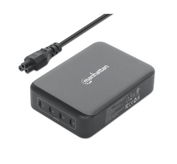 Estacion de carga PD Manhattan con 4 puertos USB-C con una potencia maxima de 240 W Compatible con laptop MacBook Pro  Ultrabook telefonos/tabletas y consolas portatiles de videojuegos Negro