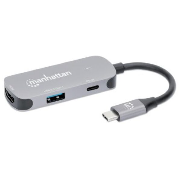 Docking Manhattan Convertidor USB-C a HDMI, 3 en 1 con PD x1 USB-C PD/x1 USB-A y un HDMI 4K 60Hz 3840x2160  Aluminio gris espacial Modelo 190299