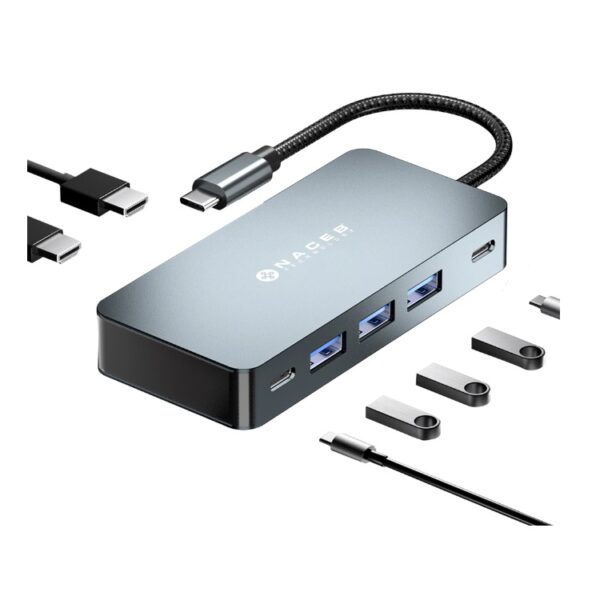Adaptador Naceb NA-0147 HUB USB-C 7 en 1 DUAL HDMI 4K con USB-C+PD100W+3 USB3.0  color Plateado