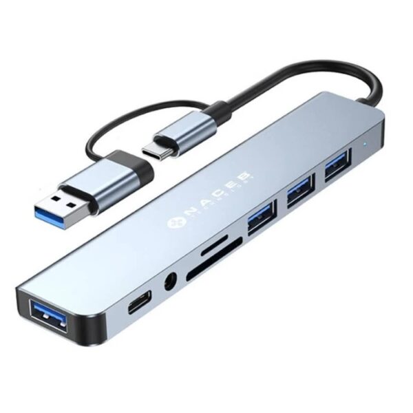 Adaptador Naceb NA-0149  USB-C/A 8 en 1 USB3.0+3 USB2.0+USB-C+SD/TF+AUX color Plateado