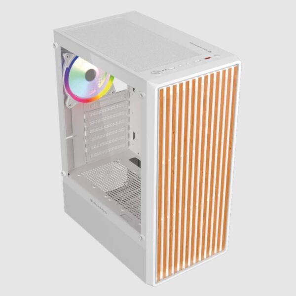 Gabinete Balam Rush Dragonfly Wood GM580 Blanco Gamer Compact Media Torre ATX 4xVentiladores ARGB Cristal templado frente con acabado tipo madera