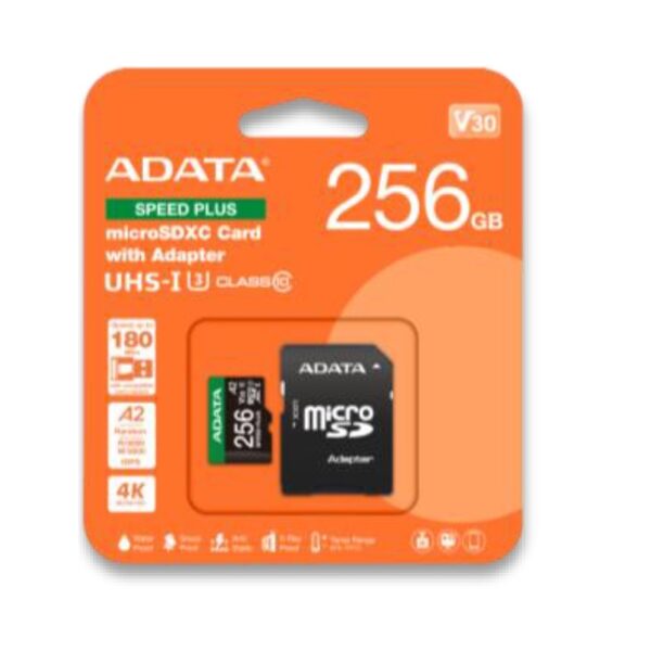 Memoria ADATA 256GB MicroSD Speed Plus con adaptador SD clase 10 A2 U3 V30 180MB/s