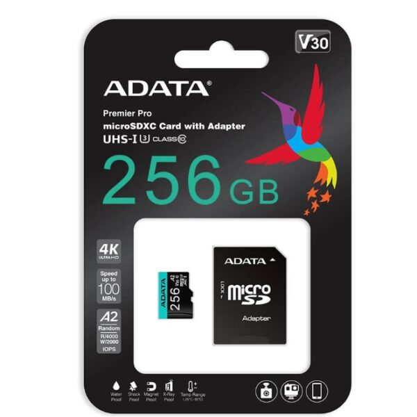 Memoria ADATA 256GB MicroSD Premier Pro con adaptador SD clase 10 A2 U3 V30 100MB/s