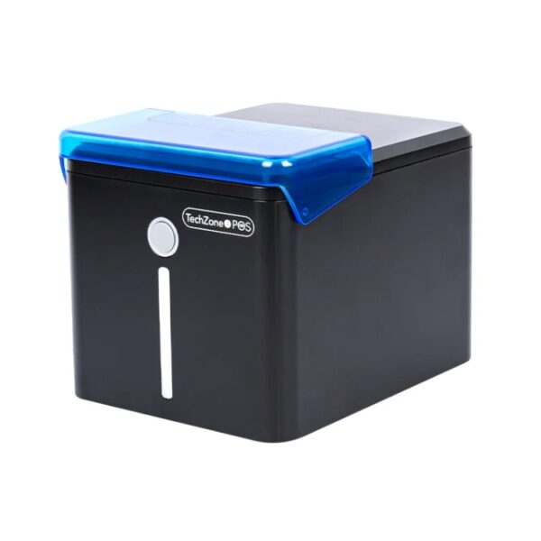 Miniprinter Termica Techzone POS Negro c/Azul  80mm Interfaz ( USB  Ethernet  Wifi  y  RJ11 ) Cortador Automatico Compatible con Windows  Linux  macOS y Android