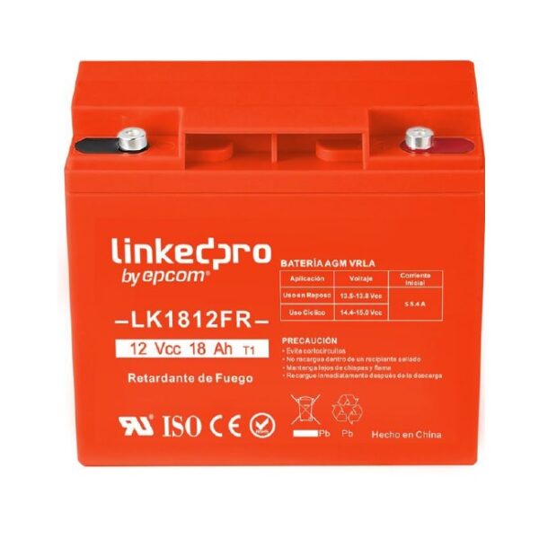 Bateria LinkedPRO by epcom LK1812FR 12 Vcc 18 Ah UL tecnologia AGM-VRLA para uso en equipo electronico alarmas de intrusion incendio control de acceso video vigilancia terminales terminales T1