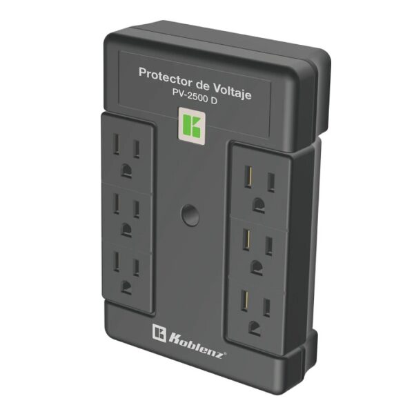 Protector de Voltaje Koblenz PV-2500 D 2500VA/2000W 6 NEMA 5-15R aterrizados giratorios 45 y 90 grados LED frontal indicador desconexión