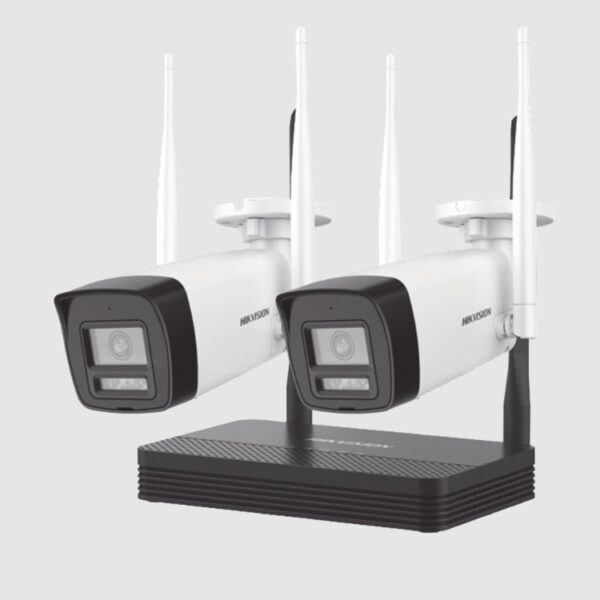Kit Ip Hikvision NKS422W0H Inalambrico 2 Megapixel (1080p) / NVS 4 Canales / 2 Camaras Bala para Exterior con Lente 2.8 mm y Dual Light (30 mts IR + 20 mts Luz Blanca) / Audio Bidireccional